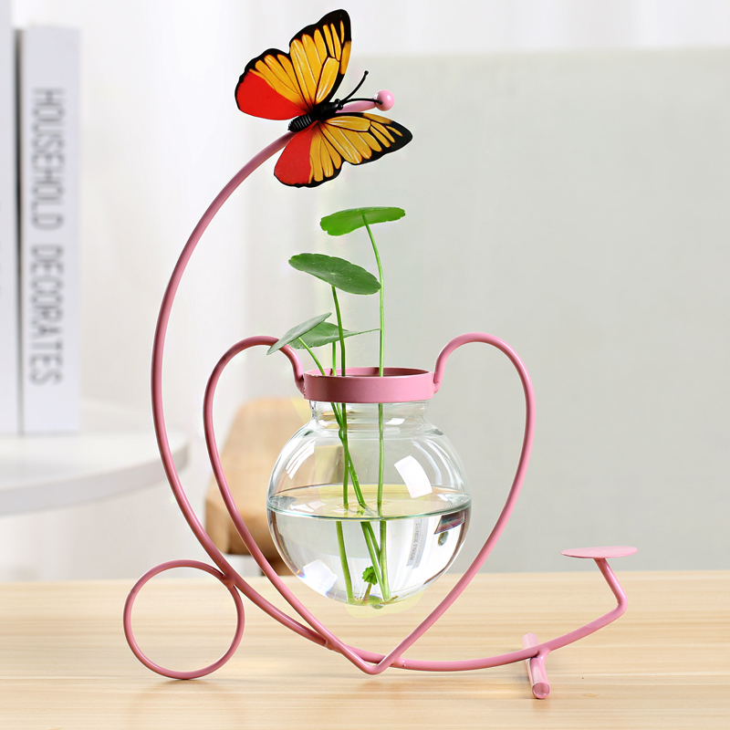 水培花瓶玻璃透明创意绿萝花插客厅摆件水养铁艺桌面装饰器皿特价
