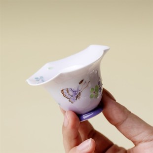 紫霭迷蝶手绘花口茶杯高端精致粉彩渐变紫主人杯茶具品茗杯 无落