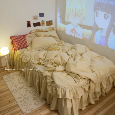 奶茶色ibns少女纯棉荷叶花边床裙式三四件套韩公主风全棉纯色床品