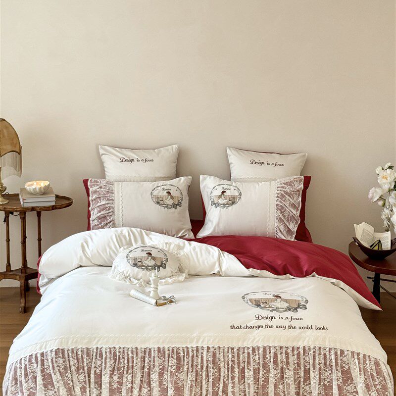 公主风蕾丝荷叶边100S长绒棉全棉婚庆四件套法式纯棉刺绣被套床品