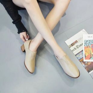 中跟软皮单鞋女2020秋冬季w新款欧韩版粗跟女鞋子时尚百搭小皮鞋