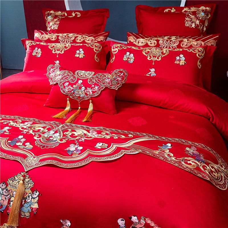 全棉大红床上用品婚庆四件套百子图婚房红色被套结婚被子喜被婚嫁