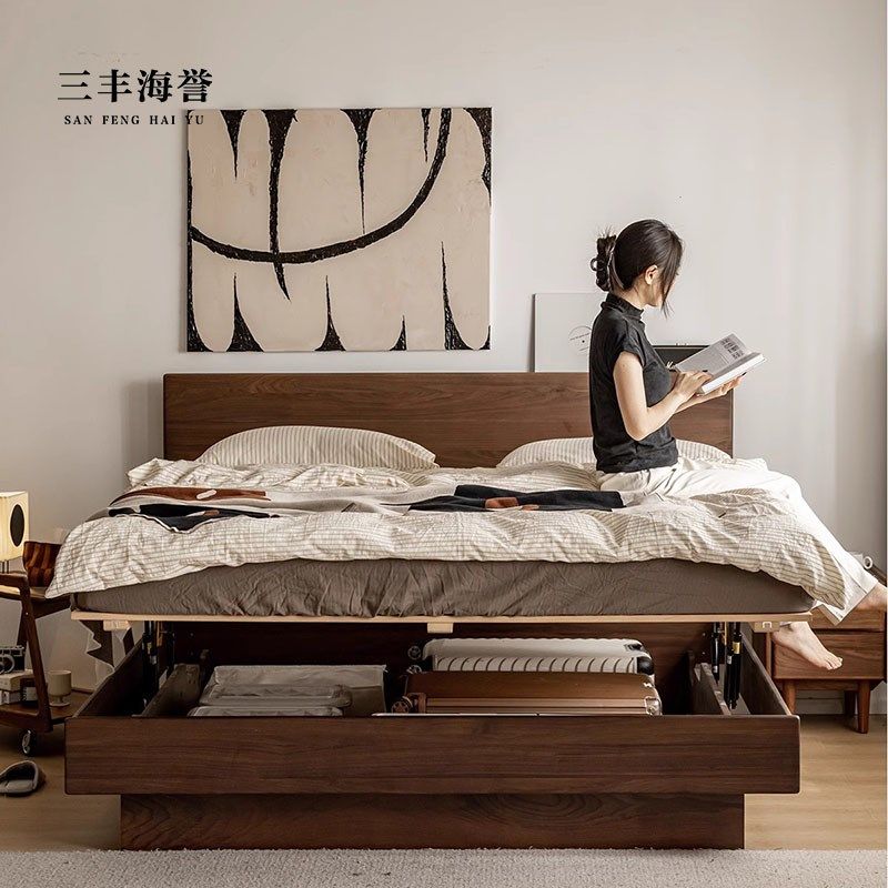 欧式全实木悬浮床l北美黑胡桃木箱体床收纳储物双人床储物床高箱