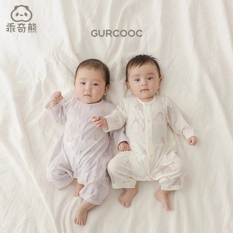 乖奇熊夏季薄款婴儿连体衣长袖空调服宝宝居家服烧花透气哈衣爬服