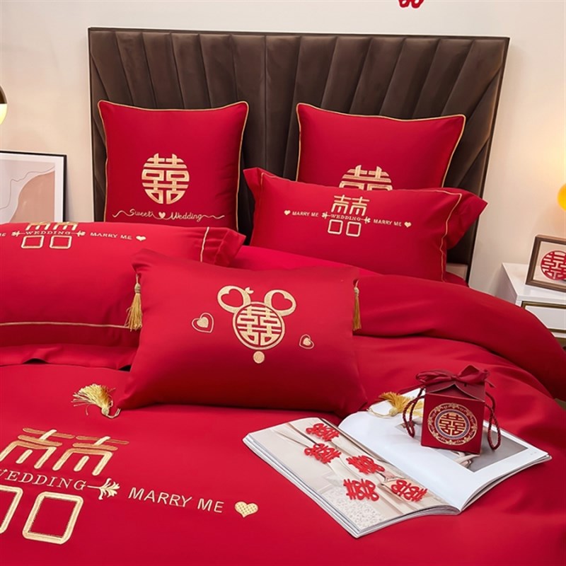 100支长绒棉全棉大红婚庆刺绣结婚喜庆床单被套欧式床品四件套