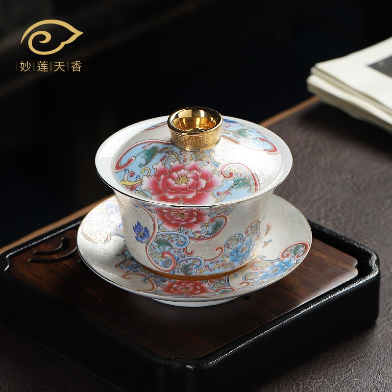 妙莲天香高档羊脂玉堆金牡丹掐丝银宫廷风L盖碗功夫茶具泡茶碗单