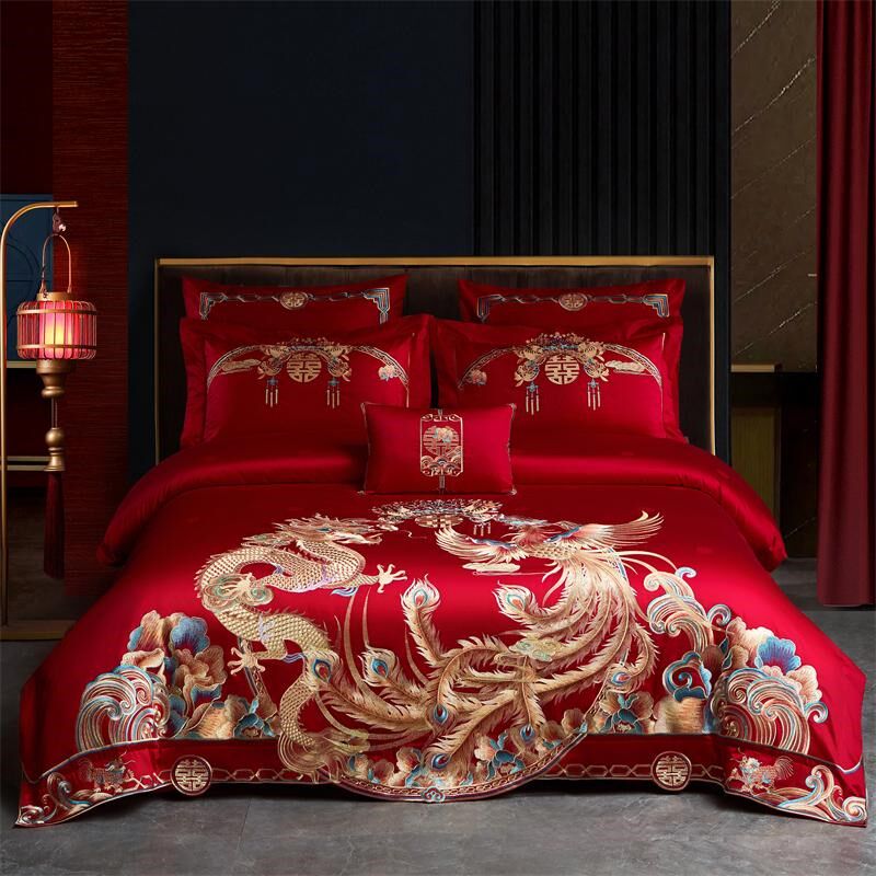 龙凤呈祥 中式传统大红色绣花婚庆四六件套全棉纯棉刺绣床上用品