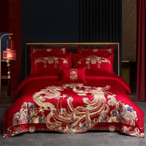龙凤呈祥 中式传统大红色绣花婚庆四六件套全棉纯棉刺绣床上用品