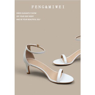 风米微夏季新款一字带细跟凉鞋女白色露趾高跟鞋网红简约中跟百搭