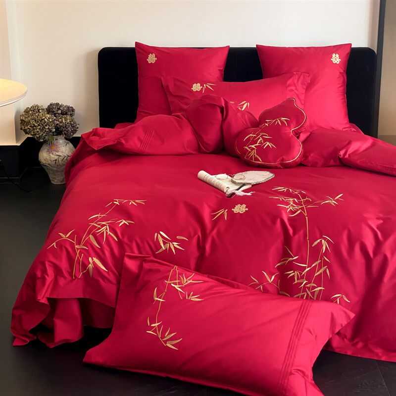 简约新婚庆长绒棉全棉结婚四件套竹子刺绣大红色纯棉被套床上用品