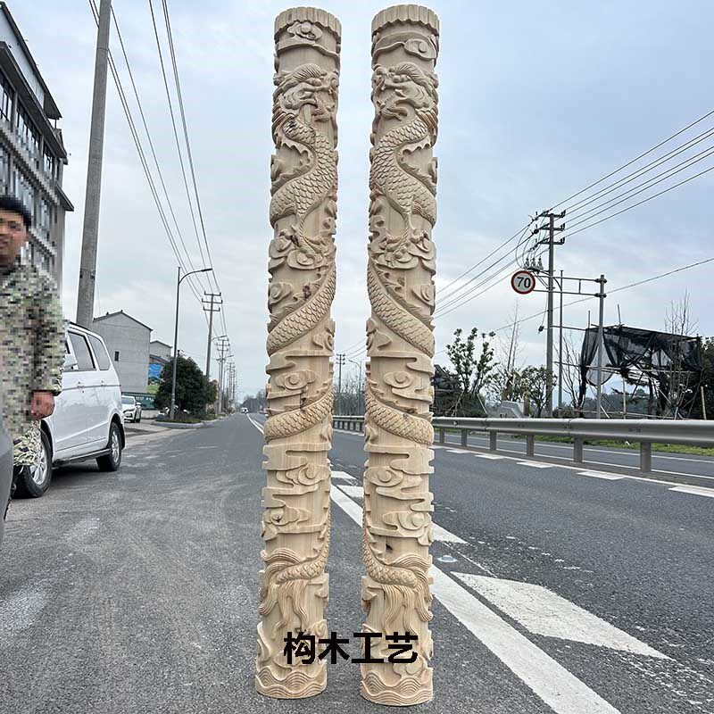 东阳木雕中式龙柱 盘龙柱 佛龛神龛龙柱实木雕刻立体手工龙柱定制