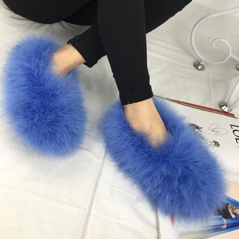 秋冬新款女瓢f鞋皮草鸵鸟毛加绒女毛毛鞋平底浅口单鞋平底鞋豆豆