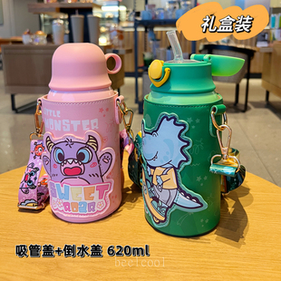 儿童卡通保温杯3j16不锈钢恐龙卡通吸管两用杯幼儿园大容量双盖水