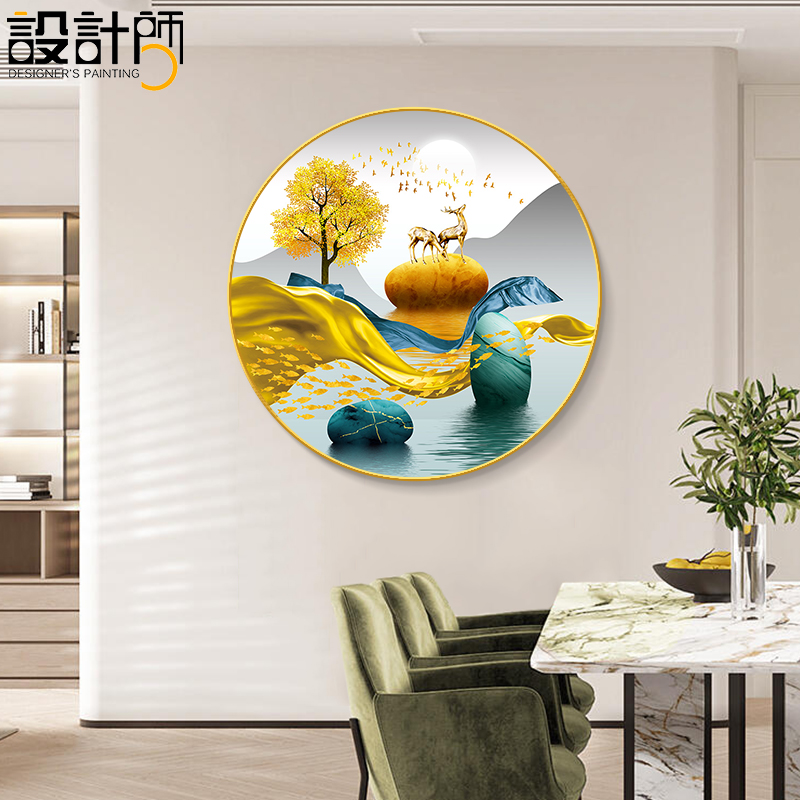 进门玄关画d圆形装饰画福鹿沙发背景挂画客厅壁画招财入户正对墙图片
