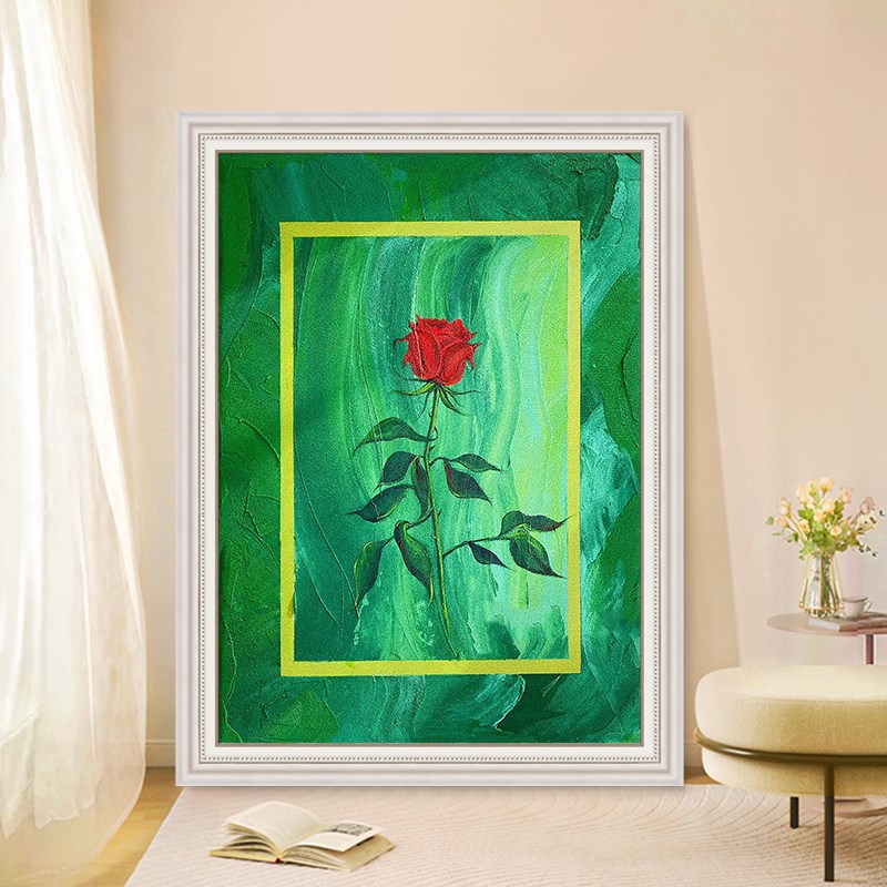 奶油风玫瑰客厅装饰画中古复古绿色肌理手绘油画红色花卉玄关挂画