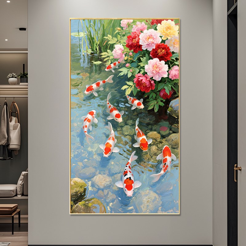 手绘油画锦鲤装饰画玄关挂画年年有余走廊过道牡丹晶瓷喷绘九鱼图