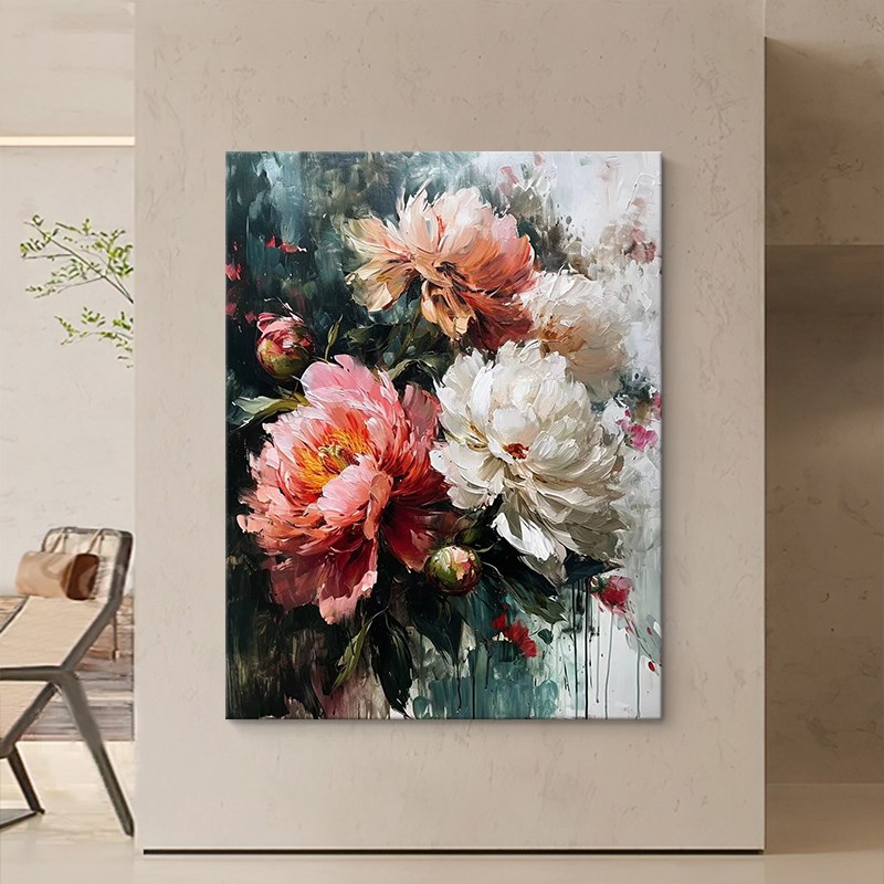 抽象花卉厚肌理客厅餐厅装饰画花开富贵纯手绘油画牡丹花玄关挂画