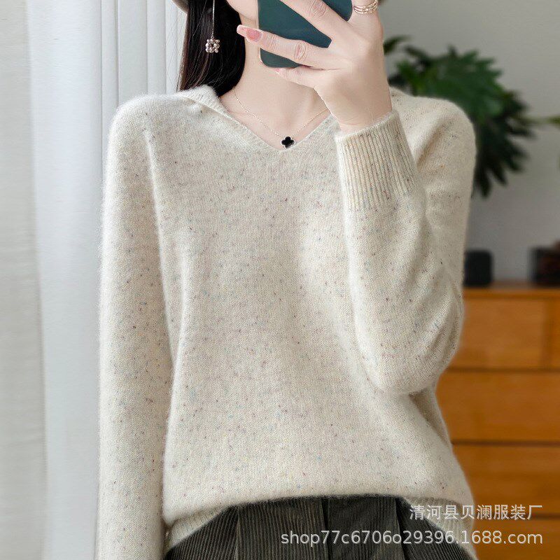 秋冬款针织羊毛帽衫女连帽一线成衣点子纱套头毛衣显瘦上衣打底衫