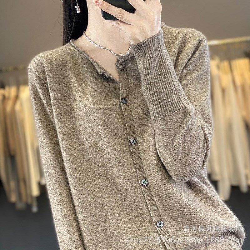 卷边袖圆领羊毛开衫女宽松2024秋冬新款简约纯色毛衣外套上衣