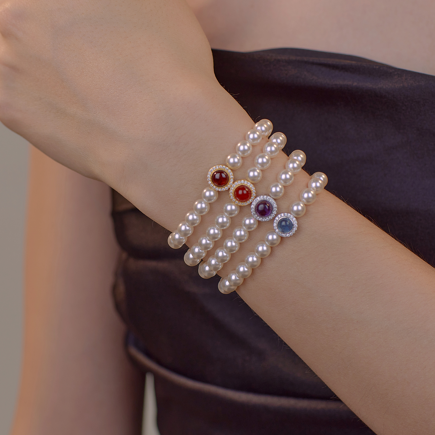 海蓝宝红玛瑙紫水晶珍珠手链