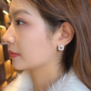 天然珍珠vintage复古港风耳环S925纯银方形高级感满钻法式耳钉