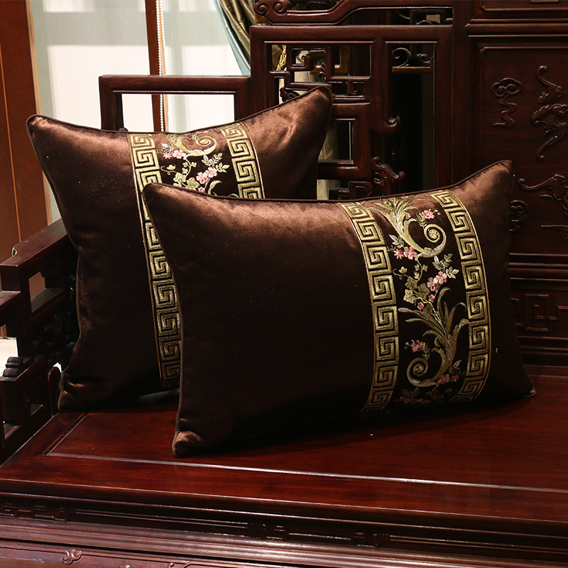 割绒中式红木绣花办公室沙发靠垫抱枕腰枕床头靠含芯大靠枕靠背