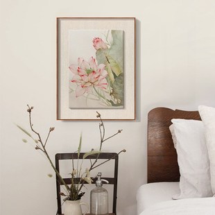 莲手绘油画新客厅装饰画荷叶运连连复古国画玄关挂画