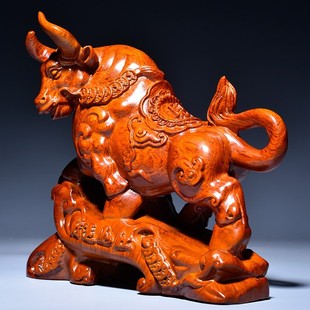 梨木雕刻牛店铺运势如虹十二生肖木牛办公桌面装饰业送礼