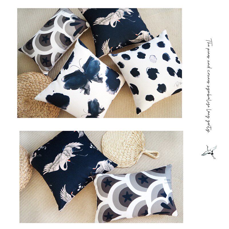 国潮仙鹤水墨蝴蝶棉麻抱枕沙发靠垫时尚床头腰枕靠背飘布艺