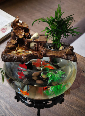 循环流水增氧鱼缸鱼盆圆形瀑布喷泉造景陶瓷家用装饰品摆件