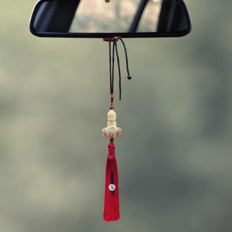 黄杨木小佛汽车挂件 桃木莲台长流苏车内挂件饰品 平安车挂饰饰品