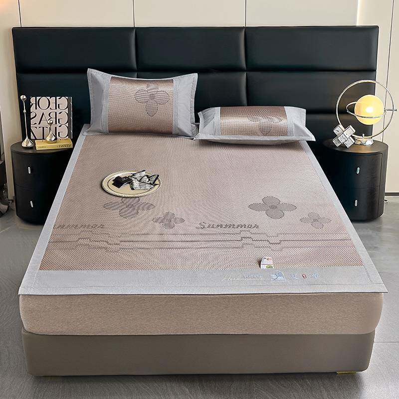 夏季刺绣提花冰藤席床席学生单人三件套席子冰丝凉席夏季床笠款冰