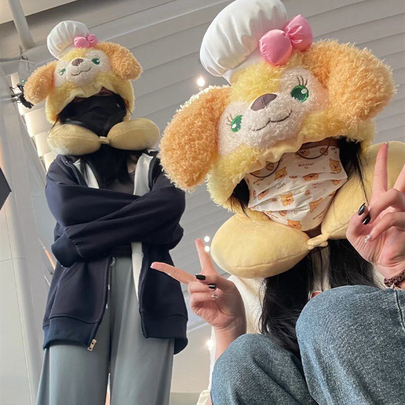 饼饼u型枕连帽可爱带帽子v冬季午睡坐车飞机动车旅行脖子护颈枕头