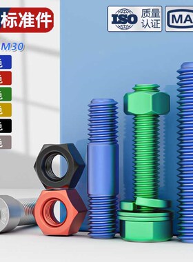 特氟龙牙棒双头螺丝杆外六角螺栓螺母螺帽垫片防腐涂层喷涂蓝色红