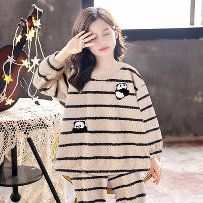 儿童半边绒睡衣2025年新款秋冬女童卡通可爱珊瑚绒宝宝家居服套装