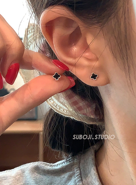 素泊集s999纯银黑色四叶草耳钉女精致小巧耳环养耳洞高级耳饰免摘