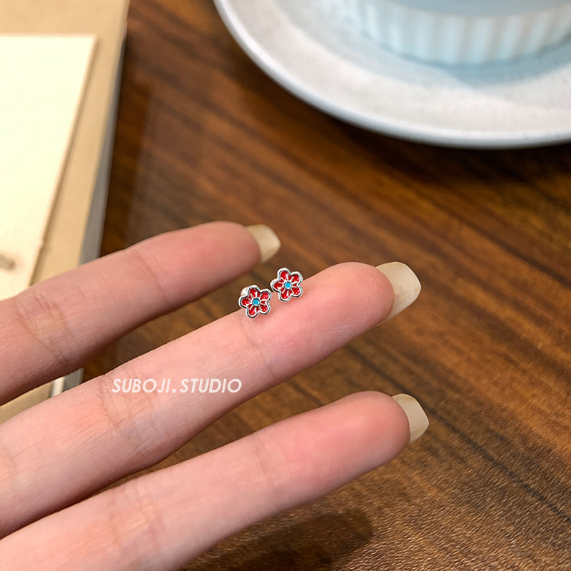 素泊集「红色樱花」耳钉纯银999图片