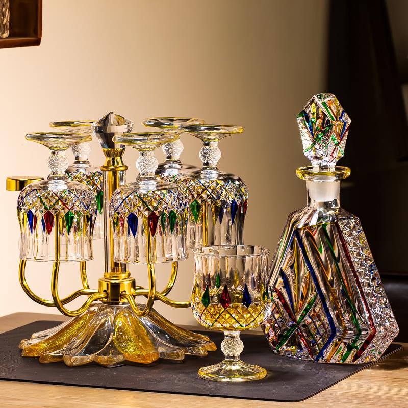 轻奢水晶H0611玻璃短酒彩绘兰地酒杯家庭古典红酒杯外国酒白杯套