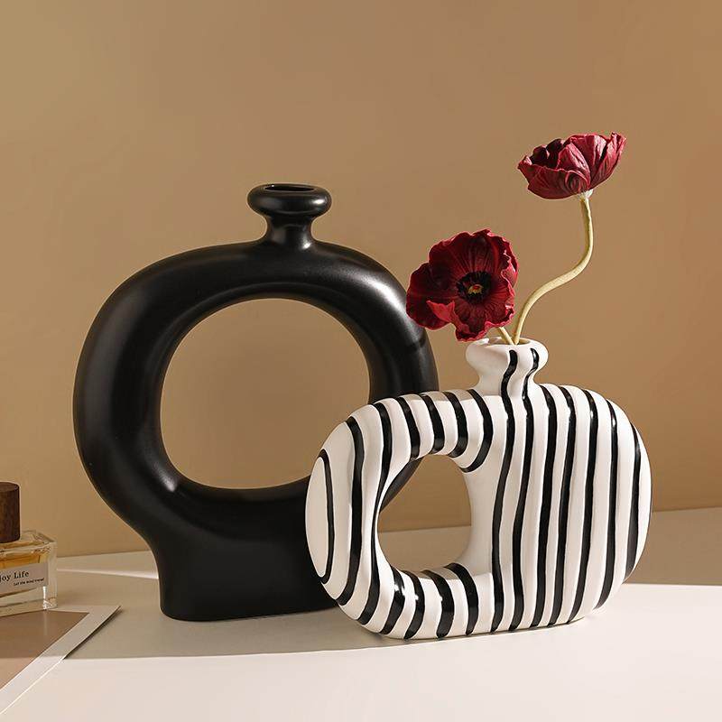 创白意中古黑条异形花瓶摆件客厅插花风241021中器电视柜纹玄关装