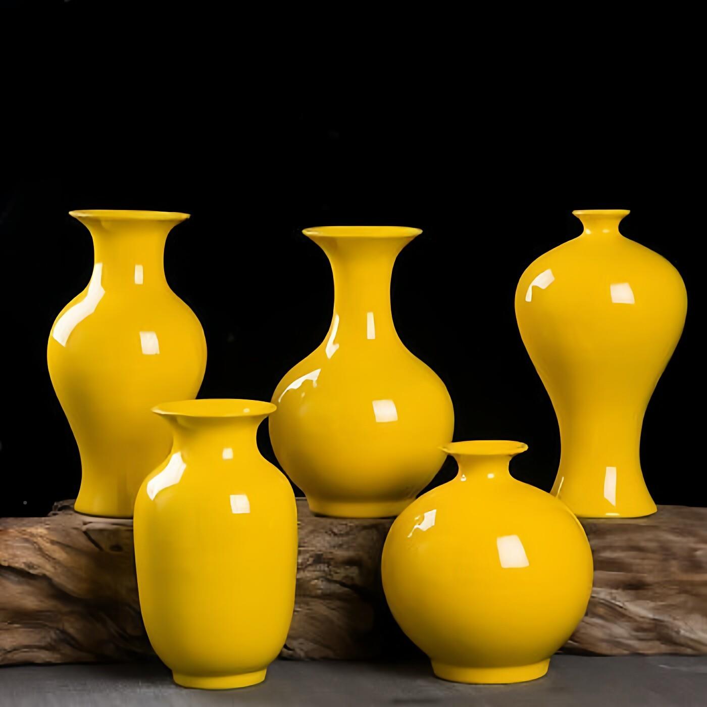 景德厅镇陶红瓷GGI器颜色釉色黄插花花瓶装饰工艺品摆饰纯中式客