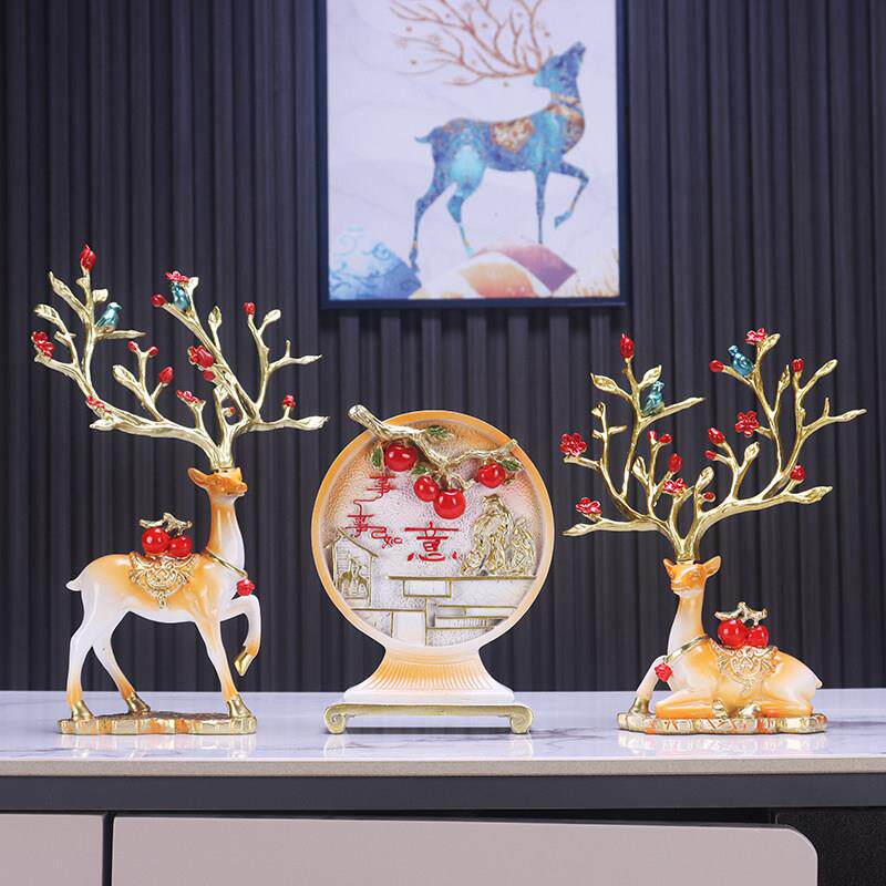 招财梅花鹿摆件三件套事事如意客厅办公室酒柜电视柜博古架装饰品