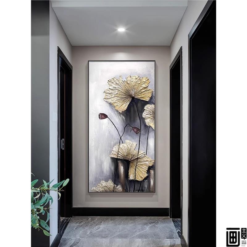 现代玄关装饰画高端艺术客厅走廊过道肌理感大芬村墙壁餐荷花挂画图片