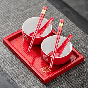 红色喜杯改口敬茶杯茶具婚庆礼物 喜碗结婚对碗红碗一对碗筷套装