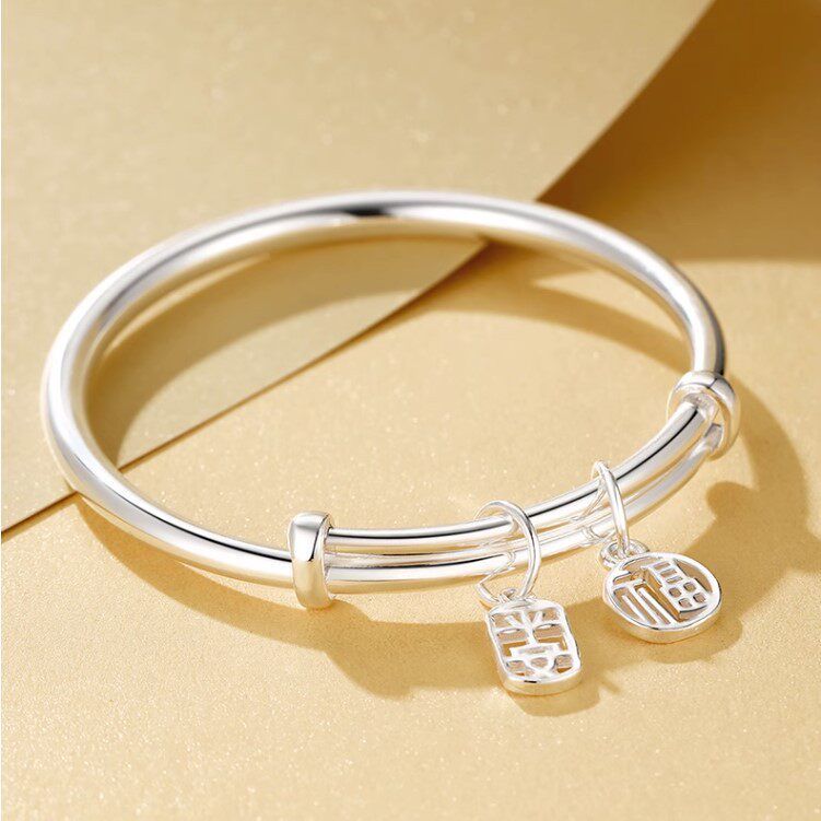 s999纯银手镯女平安福实心光面推拉手环年轻款时尚手饰送女友礼物