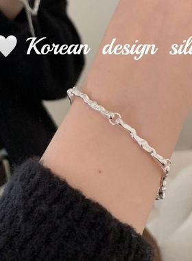 韩国东大门小众ins风简约亮银饰品 S925纯银不规则肌理感树枝手链