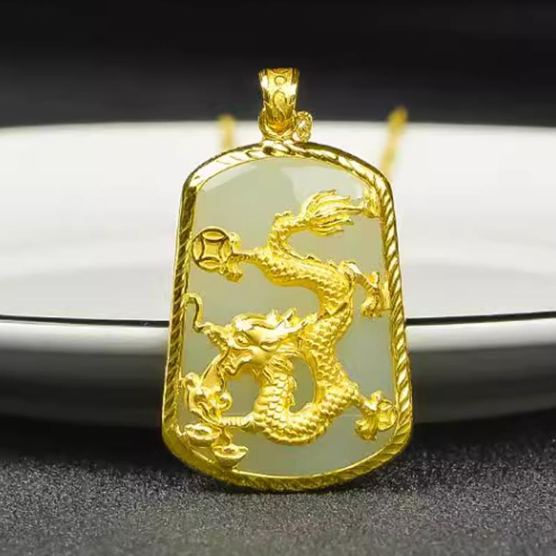 金镶玉生肖999纯金黄金和田玉本命年足金吊坠鼠牛羊蛇马龙鸡狗猪