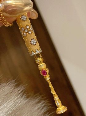 Vintage中古新中式拉丝金筒魔法棒吊坠项链权杖小众设计感锁骨链