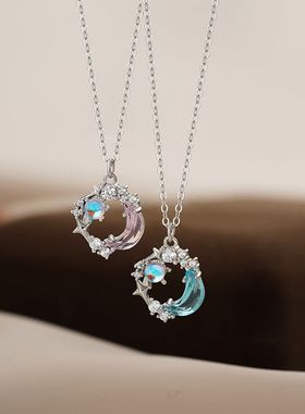 S999足银小清新汪泉月亮项链甜美小众设计ins温柔锁骨链