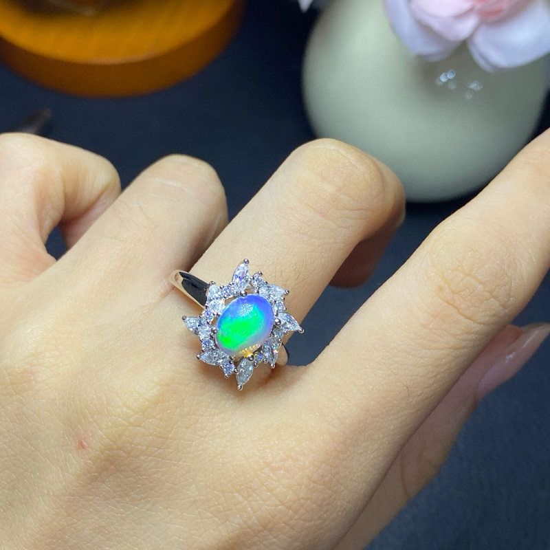 XBK 女戒活口美天然欧泊925跨境戒指颜色镶嵌 银7x9mm热卖