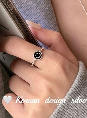 日系韩版小清新简约开口指环 S925纯银黑色滴胶微笑脸戒指女叠戴